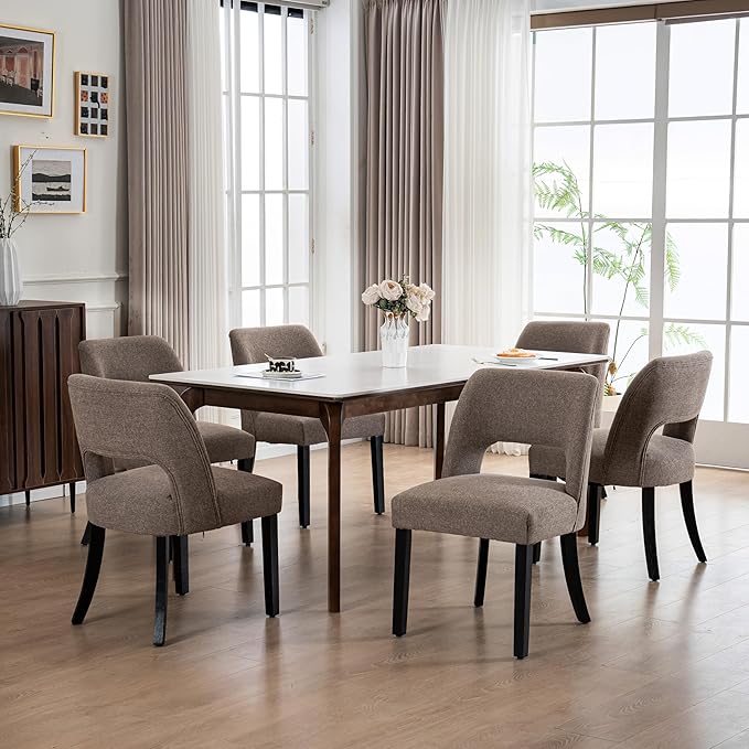 VKNOW Wooden Dining Chairs Set of 6, Modern Fabric Upholstered Dining Room Chair Kitchen Chairs, Farmhouse Dinner Chair for Kitchen Dining Room, Brown-Black Legs