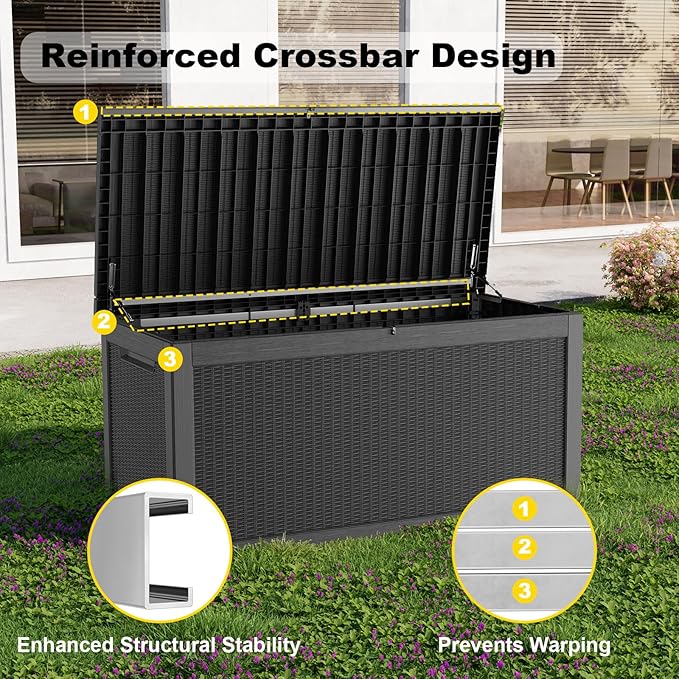 320 Gallon Outdoor Deck Box,Waterproof Resin Outdoor Storage Boxes, Outside Storage Lockable Container for Garden Tools,Indooor Cushions,Accessories (Black)