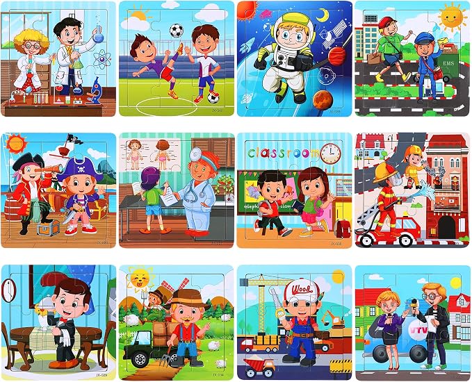 SANNIX 12 Pack Wooden Jigsaw Puzzles for Toddlers, Characters Puzzles for Kids Party Favors, Educational Puzzles Learning Travel Toy with 12 Organize Bags