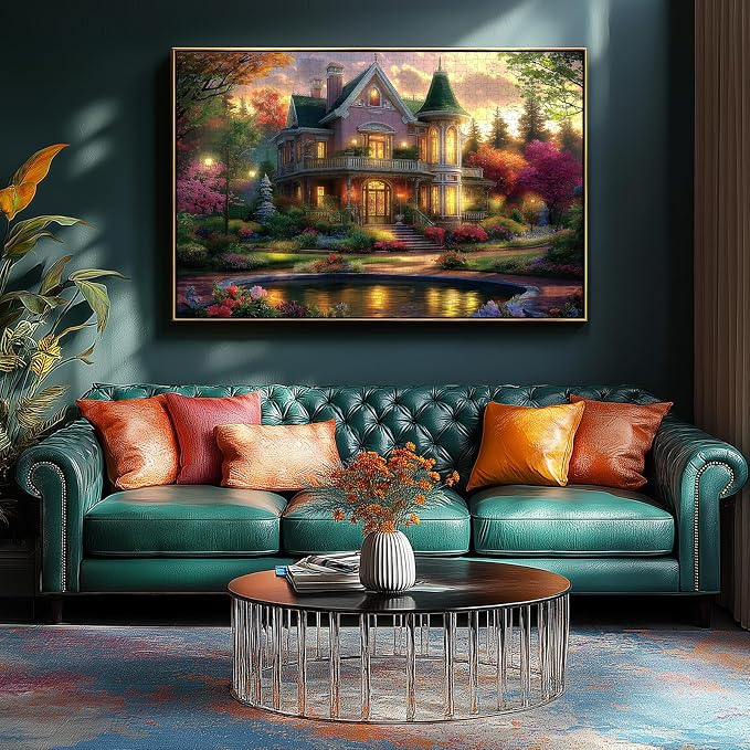 Victorian House Sunset 500 Piece Puzzle for Adults - Jigsaw Puzzles with Autumn Flowers & Scenic Landscape - Lakeside Cottage Challenging Puzzles for Adults & Seniors Gift (23"x15")