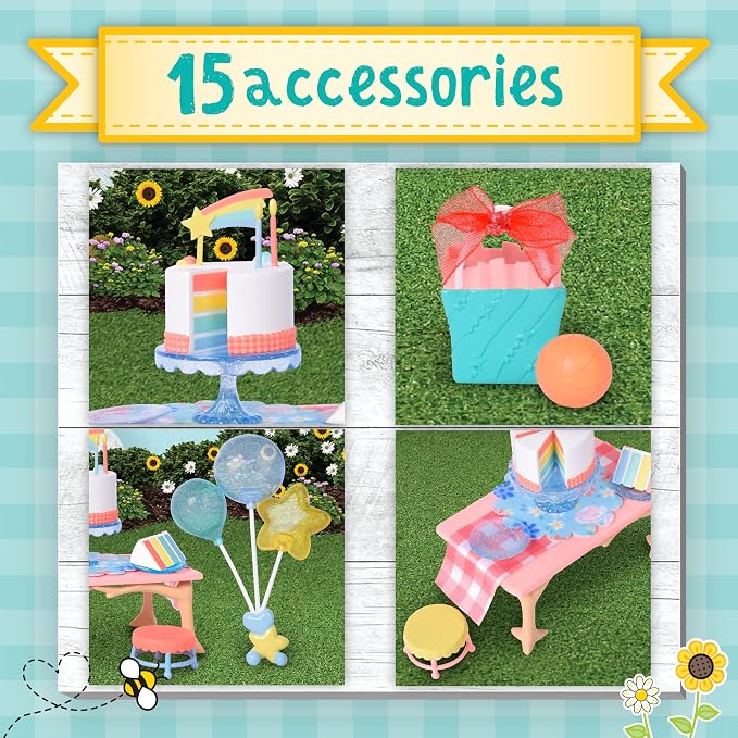Honey Bee Acres Birthday Wishes Playset, 15 Piece Miniature Dollhouse Party Set with Cat Figure, Rainbow Cake, Balloons & Gift, Pretend Play Birthday Celebration for Kids Ages 3+