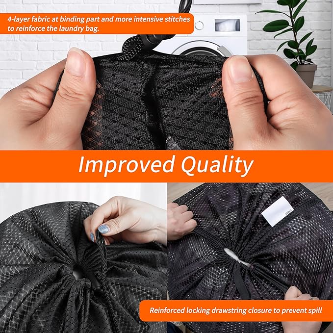 Polecasa Extra Heavy Duty Large Diamond Mesh Laundry Bags with Drawstring Closure & ID Tag, 2 Pack 24 x 36 inches Washable Storage Bag for College, Travel, Sports, Dorms, Black