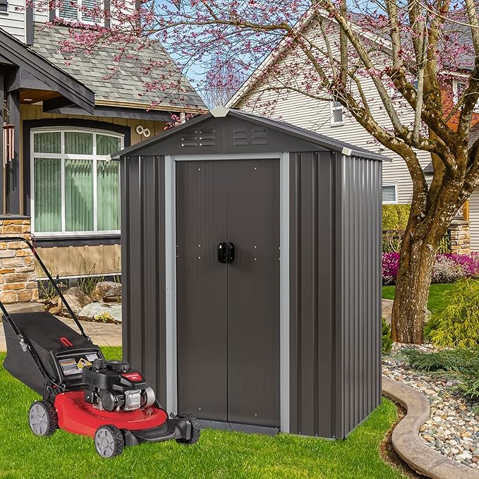 Vongrasig 5 x 3 x 6 FT Outdoor Storage Shed, Metal Tool Shed Clearance Garden Steel Shed with Side Window and Lockable Door Waterproof Tool Shed for Backyard Patio, Lawn (Gray)