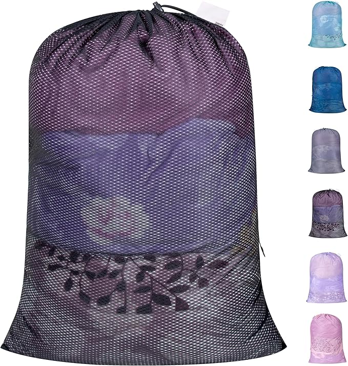 Polecasa Extra Heavy Duty Large Diamond Mesh Laundry Bags with Drawstring Closure & ID Tag, 24 x 36 inches Washable Storage Bag for College, Travel, Sports, Dorms, Black