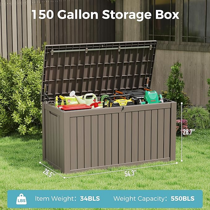 KAMABOKO Outdoor Storage Box, 150 Gallon Large Outdoor Resin Deck Box, Storage Waterproof Boxes Lockable Lid for Garden Tools, Pool Supplies, Patio Furniture and Cushions, Grey