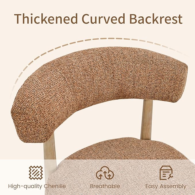 VKNOW Wooden Dining Chairs Set of 6, Modern Upholstered Dining Room Chairs with Rubberwood Legs and Curved Backrest, Fabric Kitchen Chairs for Farmhouse/Living Room/Dining Room, Orange