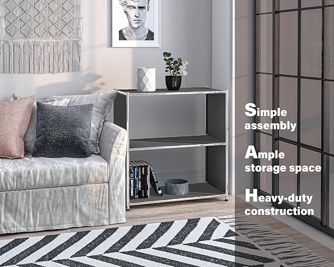 32-Inch 2-Tier Metal Bookcase, Open Shelf Storage Organizer for Living Room, Bedroom, Side Table or Nightstand Use, Modern DIY Assembly, Grey