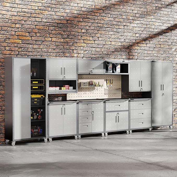 Garage Storage Cabinets System 8 PCS Workshop Set with Drawers Locking Heavy Duty Rolling Cart with Adjustable Shelves Garage Tool Workbench Cabinets (8 PCS)