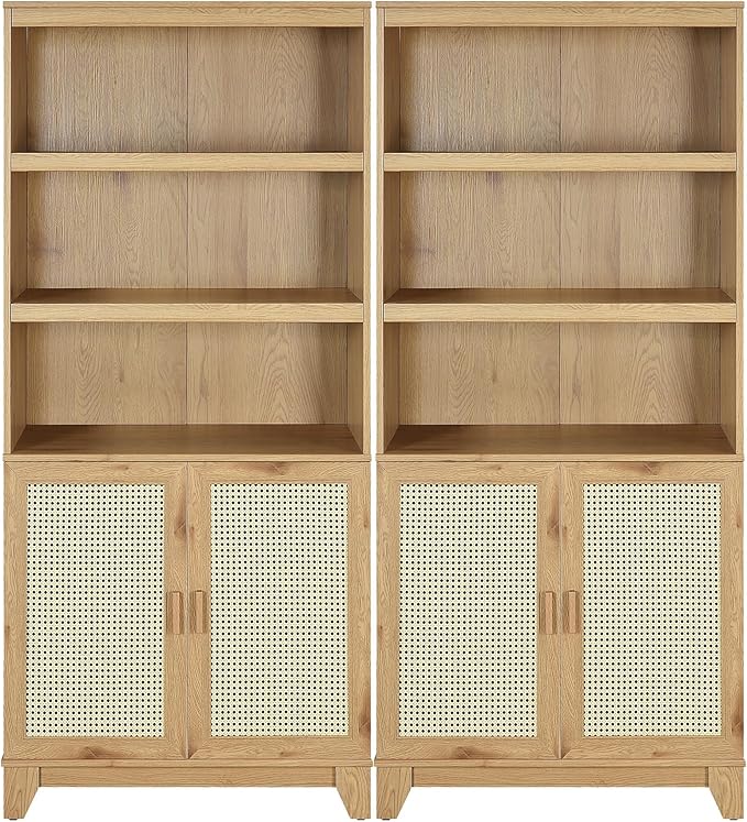 Manhattan Comfort Sheridan Modern Cane Bookcase with Adjustable Open Shelves, Soft Close Doors, and Concealed Compartments, Versatile 3 Tier Bookshelf Storage for Home and Office, Set of 2, Nature