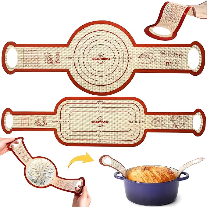 Sourdough Silicone Bread Sling for Dutch Oven, 2PCS Non-Stick Reusable Baking Mat with Long Handles, Essentials Bread Making Supplies for Dough Transfer and Loaf Pan Lifter Liner, Set Of Oval & Round
