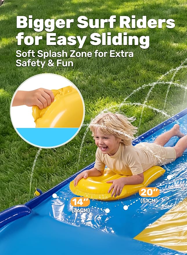 Sloosh Triple Water Slide with 3 BodyBoards, 22.5FT Lawn Water Slip Splash Pad Slide Summer Toy with Build in Advanced Sprinkler for Kids Adults Backyard Summer Water Fun