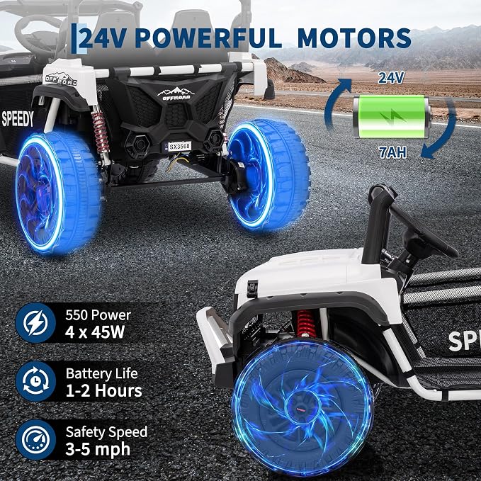 24V 2-Seater Ride on UTV Truck with Remote Control – 4WD Electric Vehicle Designed for Big Kids, Featuring Spring Suspension, Front and Behind LED Lights, Dual Storage Compartments, 3 Speed Settings,
