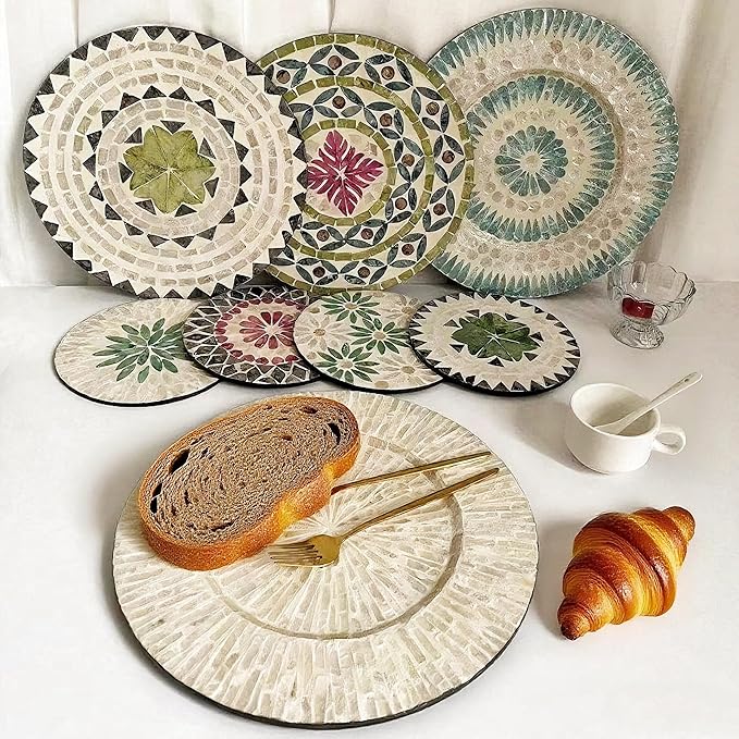 13 Inch Mother of Pearl Shell Placemat Plate – Large Round Decorative Heat for Table or Kitchen, Cabinet, Tabletop (Love Flower, 13 Inch)