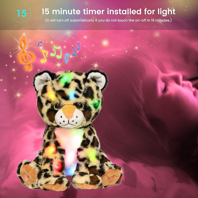 Hopearl LED Musical Plush Leopard Lighting Up Cheetah Stuffed Animal Panther Floppy Night Lights Glow in The Dark Birthday Festival for Kids Toddlers Boys, 11''