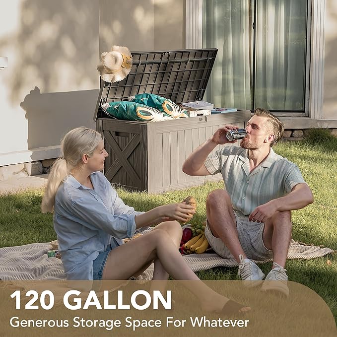 Devoko 120 Gallon Deck Box Resin Outdoor Storage Box Waterproof for Patio, Large Outdoor Storage Bench Lockable for Outside (Brown)