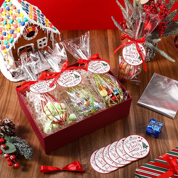 16 Sets 8 Inch Christmas Whisks Gifts DIY Fillable Christmas Tree Ornaments Xmas Colored Silicone Whisks for Cooking Heat Resistant Egg Beaters with Card Rope Bag for Candy Holder