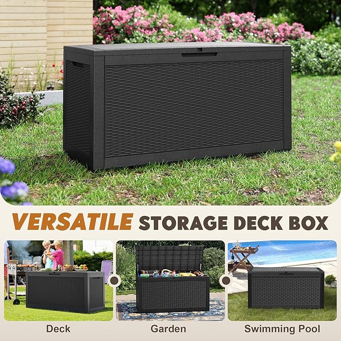 Oudoor Storage Deck Boxes Waterproof, Waterproof and UV Resistant Outdoor Storage Box Lockable Lid for Delivery Box, Indoor, Garden Tools, Pool Supplies, Patio (Black, 110 Gallon)