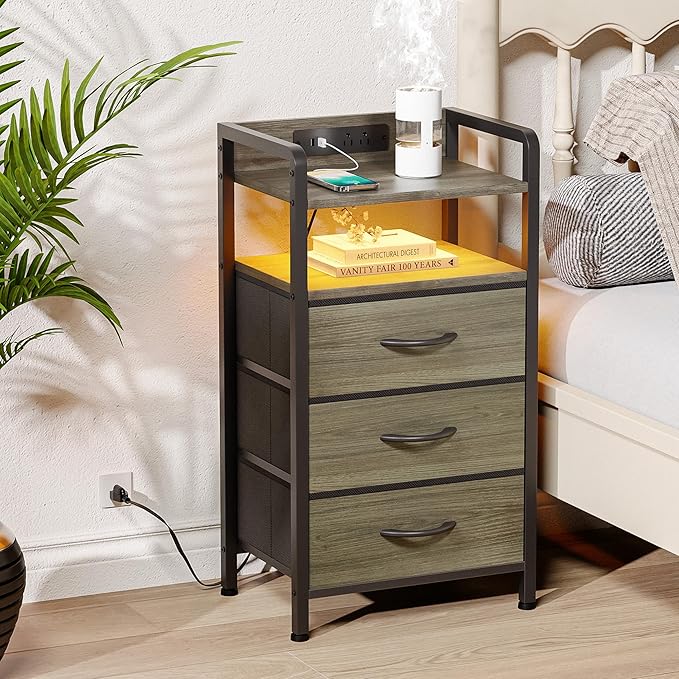 Night Stand with Charger Station - Grey Nightstand with LED Light Strip, Morden Bedside Table with USB Ports & AC Outlets, End Table with Storage Shelf & 3 Fabric Drawers