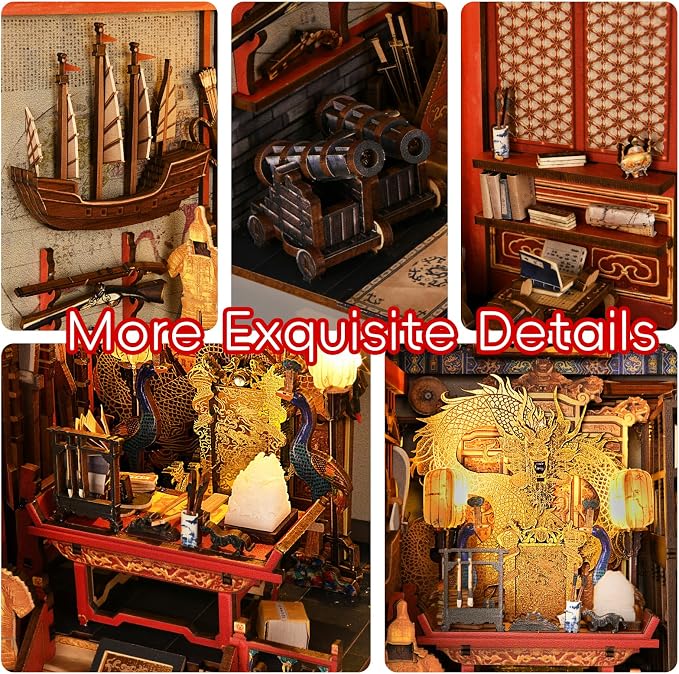 MiniCity DIY Book Nook Kit for Adults, 3D Wooden Puzzle Bookend Bookshelf Insert Decor with LED Light and Dust Cover (The Emperor's Study)