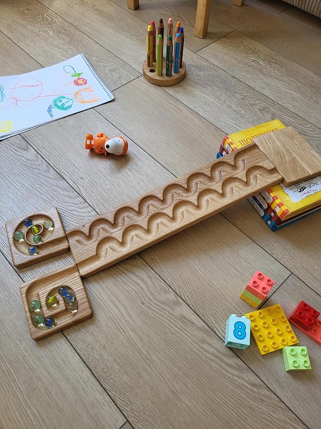 Wooden Marble Run Track Set of 2 Montessori STEM Toy for Kids Race Machine & Maze Board Educational Wooden Roller Track Game – Wind & Whirlpool Run Gift for Children