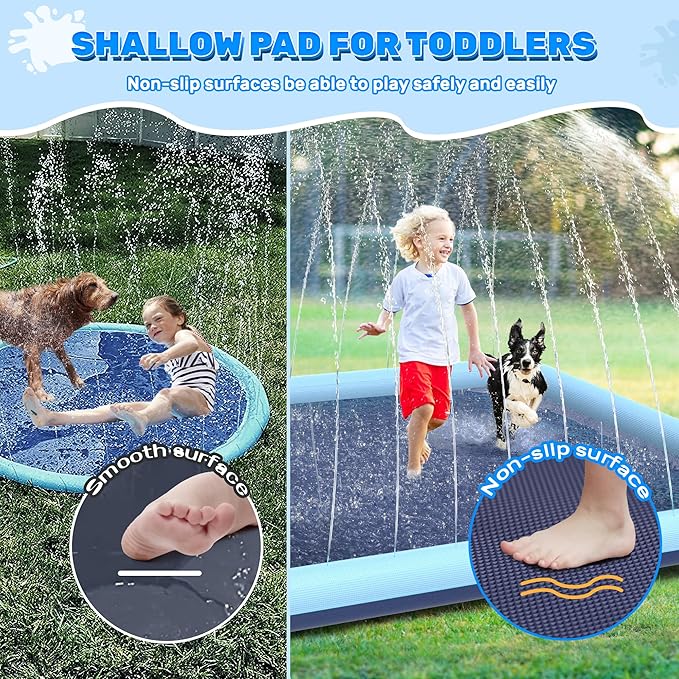 107"x 67" Splash Pad for Dogs, Non-Slip, Rantangle Splash Pad for Kids Ages 4-8, Large Splash Pads for Toddlers 1-3, Dog Sprinkler Shallow Pool, Outdoor Water Toys for Backyard, Teal