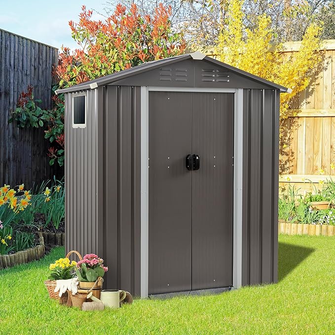 Vongrasig 5 x 3 x 6 FT Outdoor Storage Shed, Metal Tool Shed Clearance Garden Steel Shed with Side Window and Lockable Door Waterproof Tool Shed for Backyard Patio, Lawn (Gray)