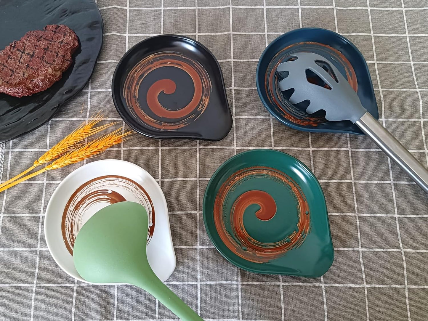 Ceramic Spoon Rest for Stove Top, Hand Painted Brown Swirl Spoon Rest for Kitchen Counter, Retro Cooking Spoon Holder for Kitchen Counter, Utensil Rest for Spatula Ladle or Tong (Matte Black)