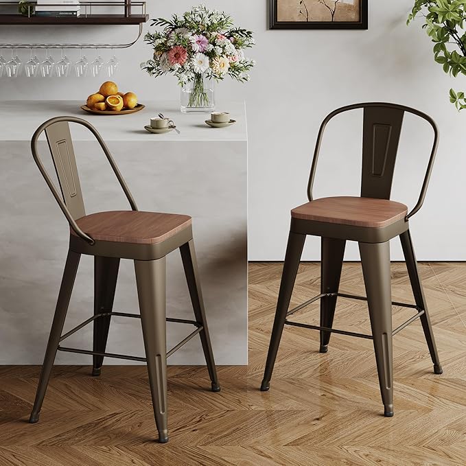 Andeworld Metal Bar Stools Set of 2, 26 inch Counter Height Barstools with Backs Farmhouse Modern High Back Bar Stools with Larger Seat Kitchen Dining Bar Chairs,Rusty