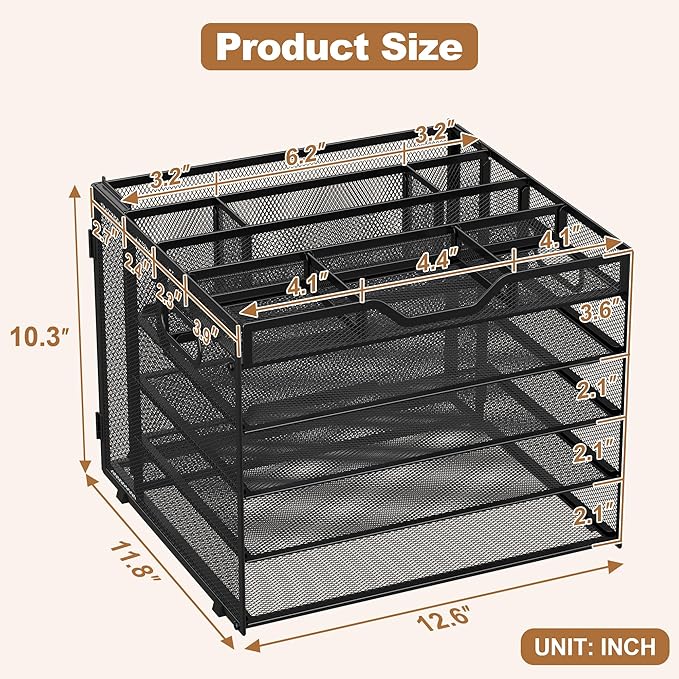 Docnest 5 Tier Letter Tray with Hanging File Organizer-Mesh Desk Organizer-Desktop Storage Box Built in Pen Holder and Handles, File Folder Holder for Mail Documents Office Supplies-Black