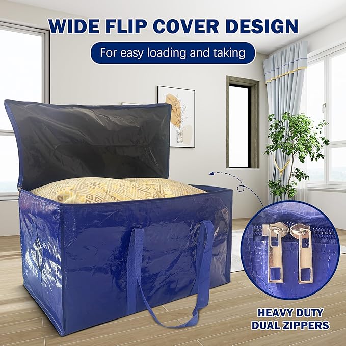 4 Pack Extra Heavy Duty Large Moving Bags with Strong Zipper & Carrying Handles, Sturdy Clothes Storage Bags Totes Bins, Packing Moving Boxes College Supplies, Dark Blue - 24 gal