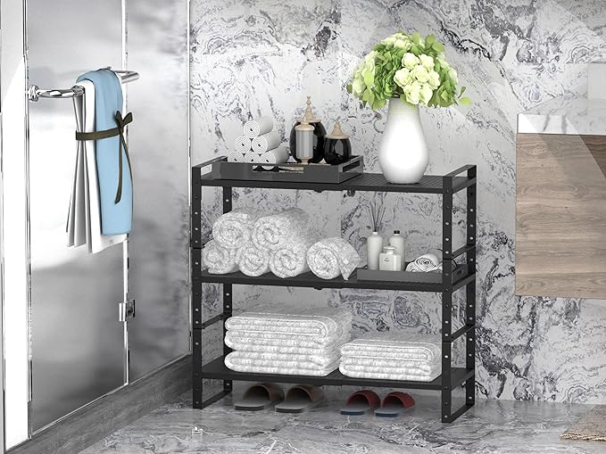 Expandable Stackable Aadjustable Shoe Rack Pantry Shelf for Kitchen Cabinets Counter Shelves Countertop Cupboard Storage Solution,Sturdy Heavy-Duty Metal Construction(1Pack/Black/Medium)