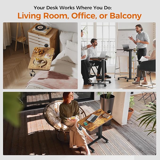 Agilestic Portable Standing Desk Height Adjustable, Mobile Table with Wheels, Small Size Sit Stand Table for Laptops, Rolling Desk for Home, 26" x 15.7"Computer Workstation, Rustic Brown