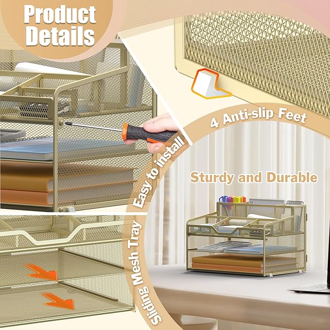 Docnest 3 Tier Mesh Desk Organizer for Paper Office Supplies – Multi-Functional Letter Tray with 5 Adjustable Compartments, 3 Pen Holders, Desktop Storage for Files, Mail, Stationery – Gold Yellow