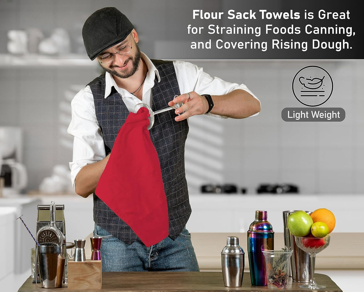 RUVANTI Flour Sack Towels 50 Pack 28x28 Inch, 100% Cotton Tea Towel, Reusable, Machine Washable, Absorbent BarTowels - Dish Cloth Perfect for Drying Dishes & Cleaning - Red