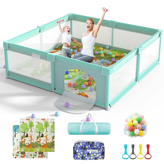 LUTIKIANG 79" x 71" Baby Playpen with Mat, Play Yard for Babies and Toddlers, Indoor/Outdoor Gate, Large Play Pen for Safety, Playtime, and Fun (Green)