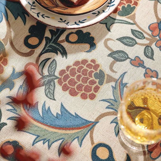 patdrea Designer Vintage Linen Long Tablecloth for Rectangle Table,French Soft Durable Floral Tablecloths,Colorful Table Cover for Kitchen Dining,Parties,Christmas,Thanksgiving,63"x102"-Puno