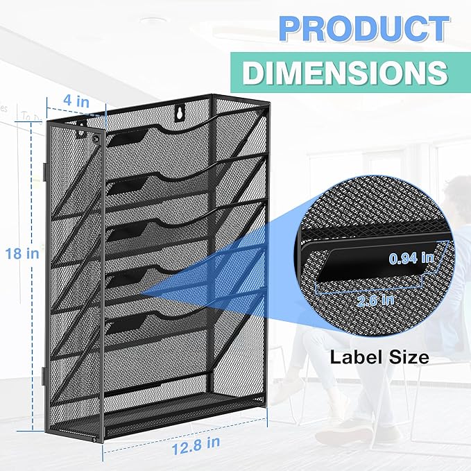 Kuntine.B Wall File Organizer Office Hanging Magazine Holder Wall File Organizer for Office Home (Black, 6 Tier & Hangers)