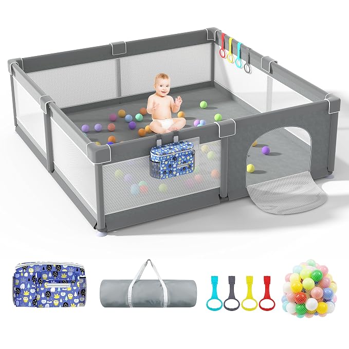 LUTIKIANG Extra Large Playpen for Toddlers, 79" X 71" with Gates, Baby Play Yards, Safety Indoor Play Area, Ocean Balls (Grey)