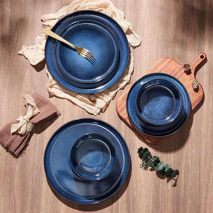 E-far 18-Piece Plates and Bowls Set, Dinnerware Sets for 6, Reactive Glaze Stoneware Dishes Dinning Ware, Microwave & Dishwasher Safe - Deep Sea Blue