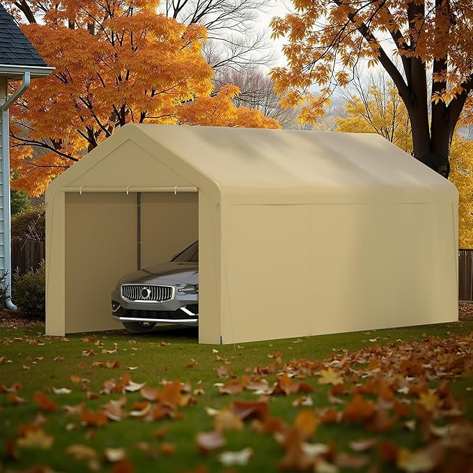 Carport, 10‘ x 20’ Heavy Duty Portable Garage All-Season Car Canopy w/Removable Sidewall & Doors, Carport Canopy Party Tent w/Water-Resistant Tarp for Backyard (Yellow, 10‘ x 20’)