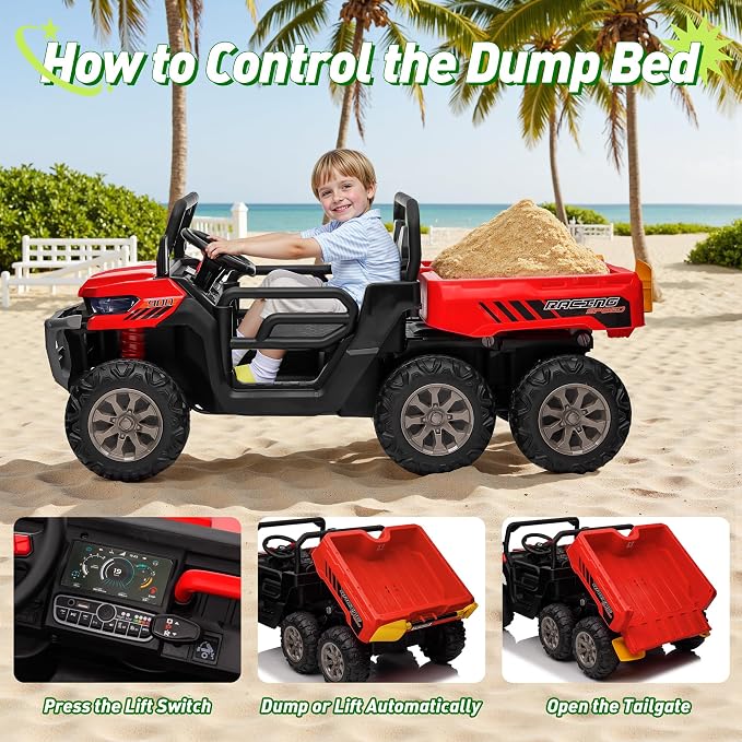 24V Ride on Dump Truck, XL 2 Seater Ride on Cars with Remote Control, 4x200W Powerful Motors, 6-Wheel Suspensions, Electric Dump Bed, Shovel, Kids UTV for Boy Girl
