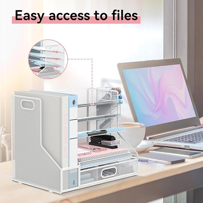 SUPEASY Desk Organizer with File Holder, 5-Tier Mesh Paper Letter Tray and 3 Tilted File Sorter for Office Supplies, White