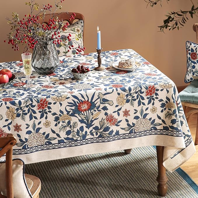 patdrea Designer Blue Tablecloth for Rectangle Table,Vintage Linen with Leaves and Floral Pattern Long Table Cloth,Farmhouse Decor Cover for Kitchen Dining Christmas,Thanksgiving,63"x94"-Ivar a