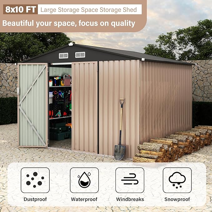 Heavy-Duty 8x10 ft Metal Garden Shed with Air Vent & Lockable Door, Outdoor Storage Shed for Yard, Patio, Lawn, Rust-Resistant Utility Shed, All-Season Use
