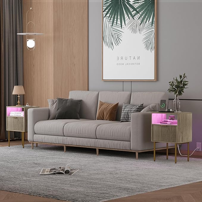 Modern Nightstand with Charging Station and LED Lights, White Bedside Table with Drawer, Fluted Side Table for Living Room, Bedroom
