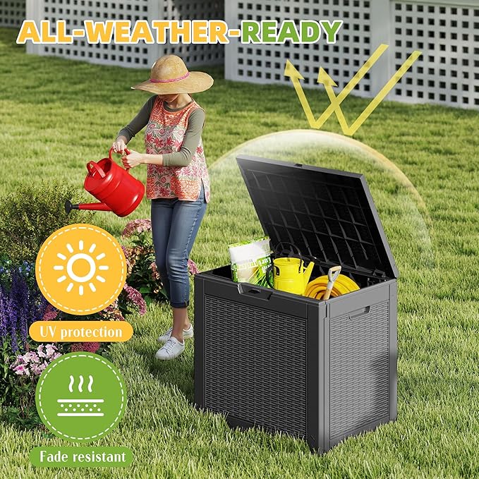 31 Gallon Waterproof Resin Deck Box, UV Resistant Outdoor Storage for Garden, Patio, Porch, Delivery（Black，31 Gallon）