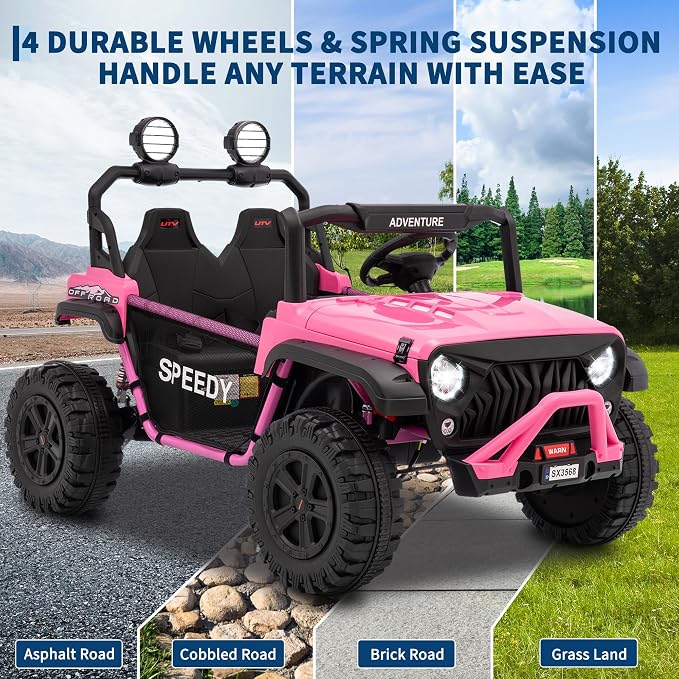 24V 2-Seater Ride on UTV Truck with Remote Control – 4WD Electric Vehicle Designed for Big Kids, Featuring Spring Suspension, Front and Behind LED Lights, Dual Storage Compartments, 3 Speed Settings,