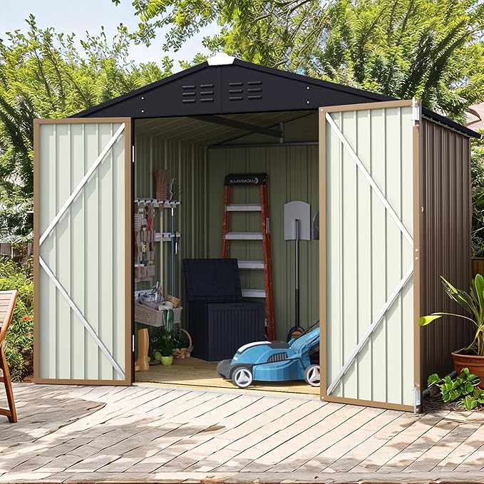 Flamaker 6x8 FT Storage Shed Waterproof Metal Garden Shed with Lockable Door Utility Tool Shed Outdoor Storage for Backyard, Patio and Lawn, Brown