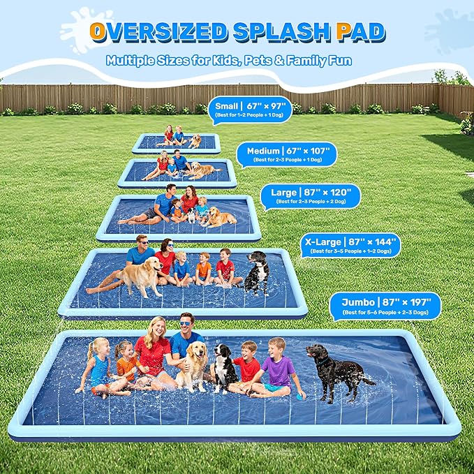 107"x 67" Splash Pad for Dogs, Non-Slip, Rantangle Splash Pad for Kids Ages 4-8, Large Splash Pads for Toddlers 1-3, Dog Sprinkler Shallow Pool, Outdoor Water Toys for Backyard, Teal