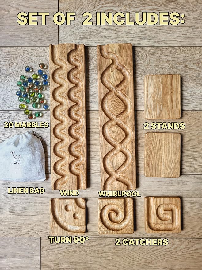 Wooden Marble Run Track Set of 2 Montessori STEM Toy for Kids Race Machine & Maze Board Educational Wooden Roller Track Game – Wind & Whirlpool Run Gift for Children